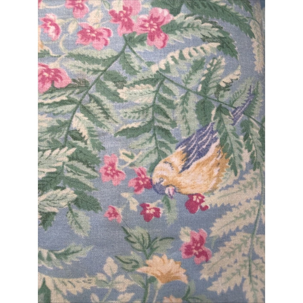 Vtg 10 Yards Fabric Birds, Ferns, Flowers Pale Blue Pink Yellow Green 42" Cotton